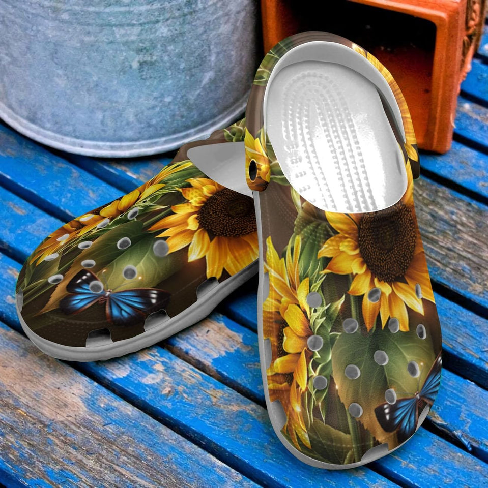 Hippie Personalized Clog, Custom Name, Text, Color, Number Fashion Style For Women, Men, Kid, Print 3D Sunflower And Butterfly
