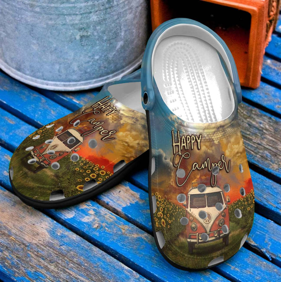 Hippie Personalized Clog, Custom Name, Text, Color, Number Fashion Style For Women, Men, Kid, Print 3D Happy Camper