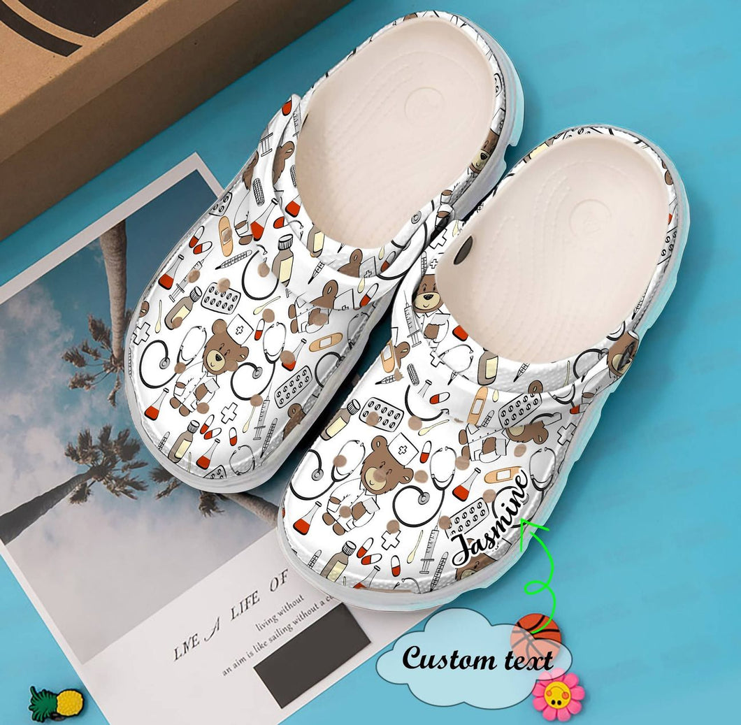 Nurse Personalized Clog, Custom Name, Text, Color, Number Fashion Style For Women, Men, Kid, Print 3D Bear