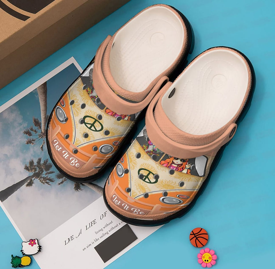 Clog Hippie Personalized Clog, Custom Name, Text, Color, Number Fashion Style For Women, Men, Kid, Print 3D Orange Hippie Car Girl - Love Mine Gifts