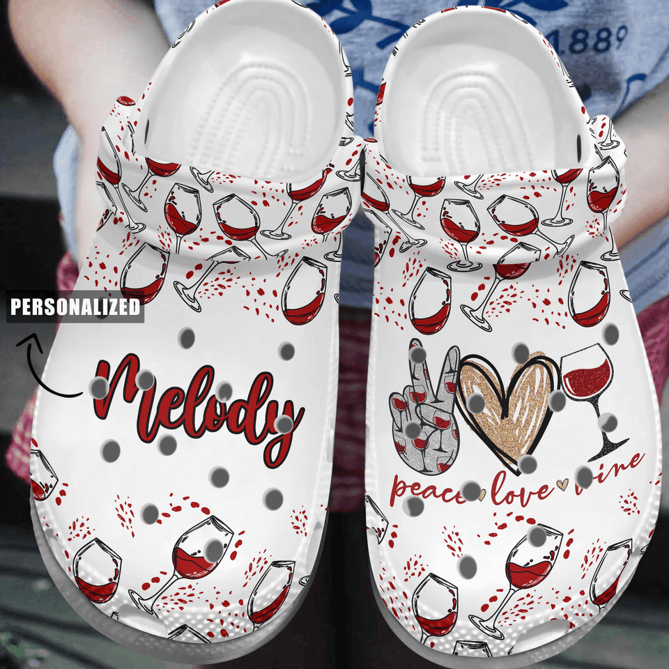 Clog Peace Love Wine Personalized Clog, Custom Name, Text, Color, Number Fashion Style For Women, Men, Kid, Print 3D - Love Mine Gifts