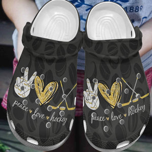 Hockey Personalized Clog, Custom Name, Text, Color, Number Fashion Style For Women, Men, Kid, Print 3D Peace Love Hockey