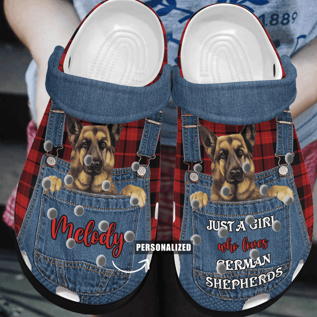 Clog Just A Girl Who Loves German Shepherds Personalized Clog, Custom Name, Text, Color, Number Fashion Style For Women, Men, Kid, Print 3D - Love Mine Gifts