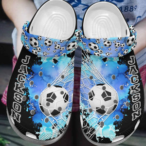 Clog Soccer Personalized Clog, Custom Name, Text, Color, Number Fashion Style For Women, Men, Kid, Print 3D Blue Color Soccer - Love Mine Gifts