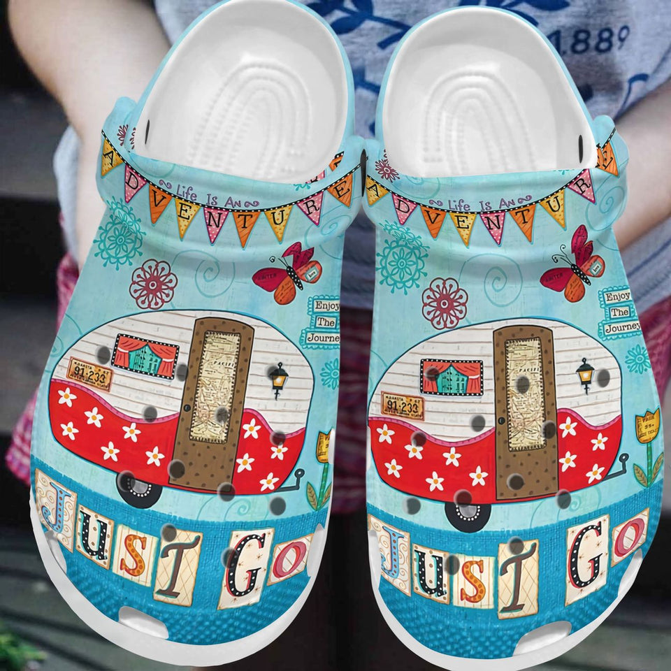 Clog Just Go Camping Personalized Clog, Custom Name, Text, Color, Number Fashion Style For Women, Men, Kid, Print 3D - Love Mine Gifts