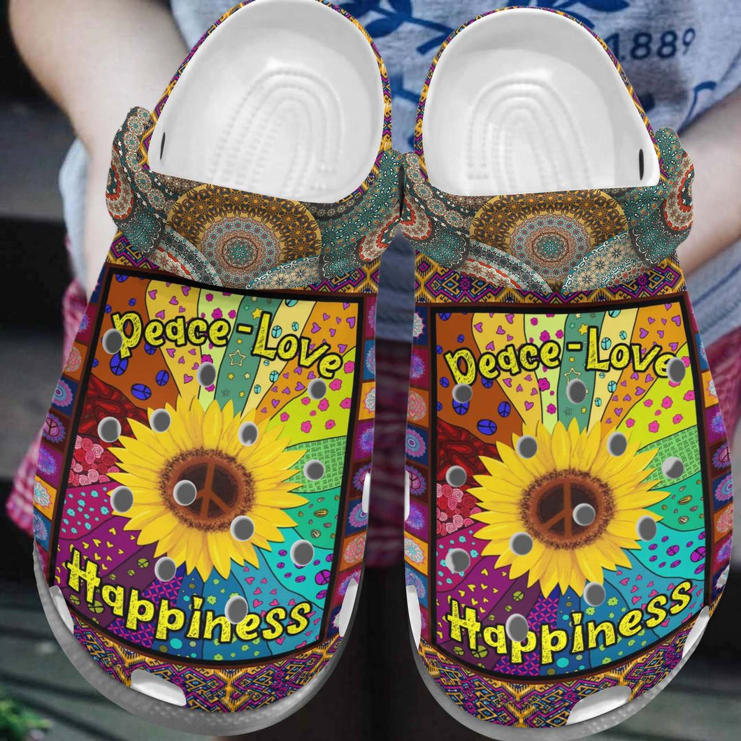 Clog Hippie Personalized Clog, Custom Name, Text, Color, Number Fashion Style For Women, Men, Kid, Print 3D Peace Love Happiness - Love Mine Gifts