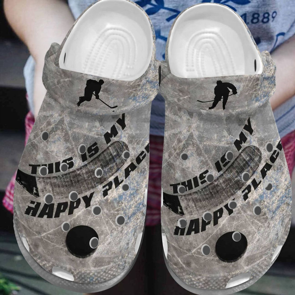 Clog Hockey Personalized Clog, Custom Name, Text, Color, Number Fashion Style For Women, Men, Kid, Print 3D Happy Place - Love Mine Gifts