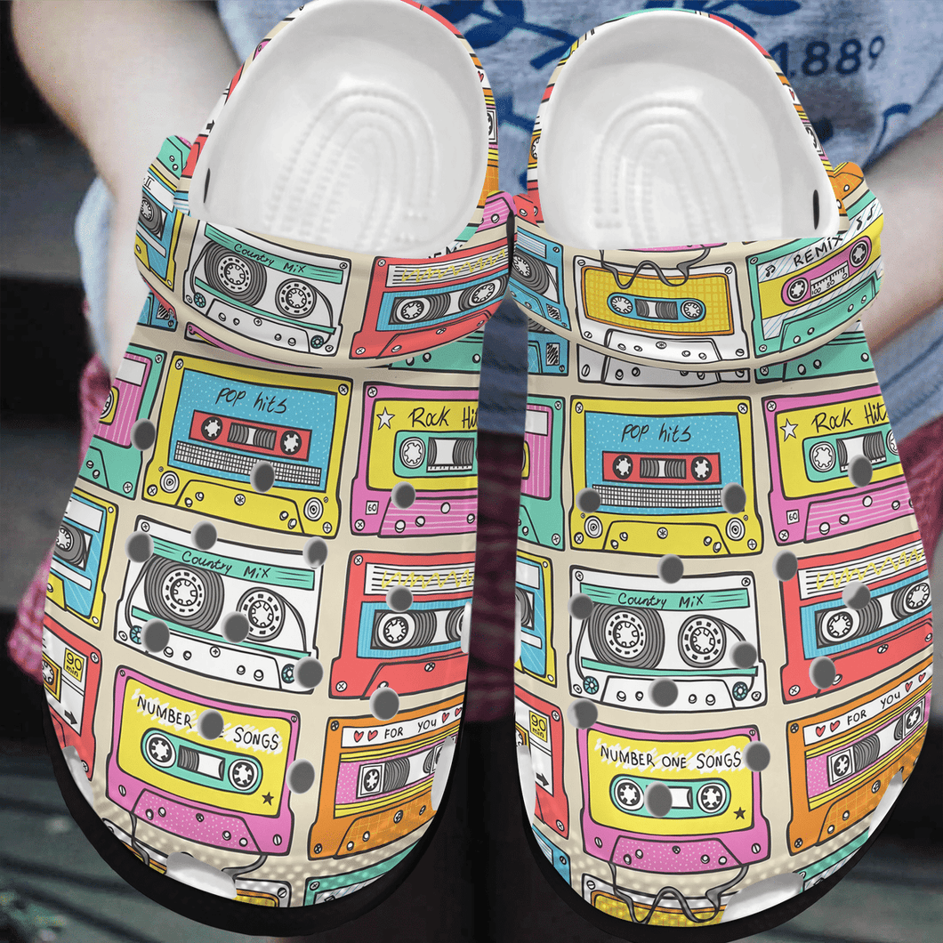 Music Personalized Clog, Custom Name, Text, Color, Number Fashion Style For Women, Men, Kid, Print 3D Cassette Tapes