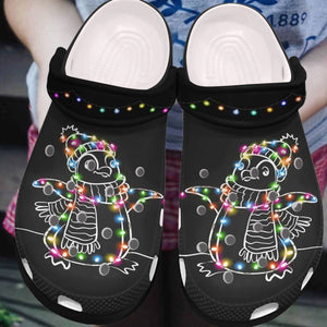 Penguin Personalized Clog, Custom Name, Text, Color, Number Fashion Style For Women, Men, Kid, Print 3D Penguin And Multicolored String Lights
