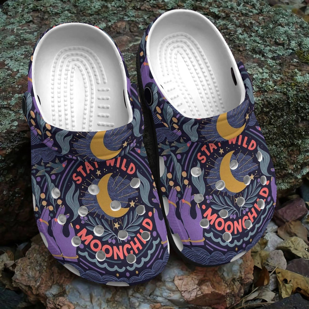 Clog Hippie Personalized Clog, Custom Name, Text, Color, Number Fashion Style For Women, Men, Kid, Print 3D Moon Child - Love Mine Gifts