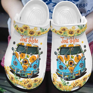 Clog Hippie Personalized Clog, Custom Name, Text, Color, Number Fashion Style For Women, Men, Kid, Print 3D Just Sunflower Bus - Love Mine Gifts
