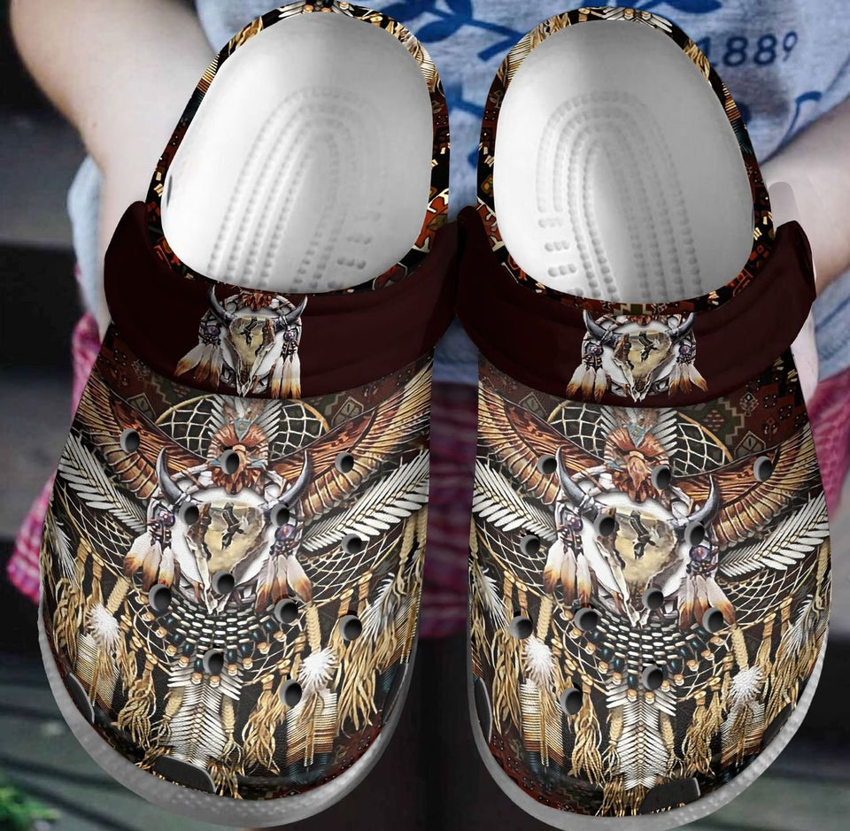 Clog Native American Personalized Clog, Custom Name, Text, Color, Number Fashion Style For Women, Men, Kid, Print 3D Native Eagle Bull Skull - Love Mine Gifts