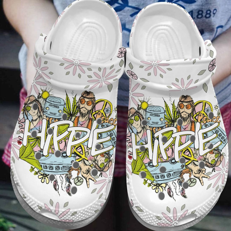 Clog Hippie Personalized Clog, Custom Name, Text, Color, Number Fashion Style For Women, Men, Kid, Print 3D Love Peace - Love Mine Gifts