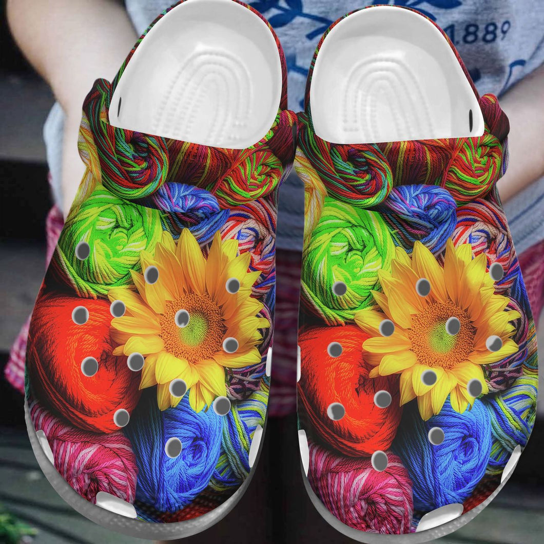 Knitting Personalized Clog, Custom Name, Text, Color, Number Fashion Style For Women, Men, Kid, Print 3D Colorful Yarn And Sunflower