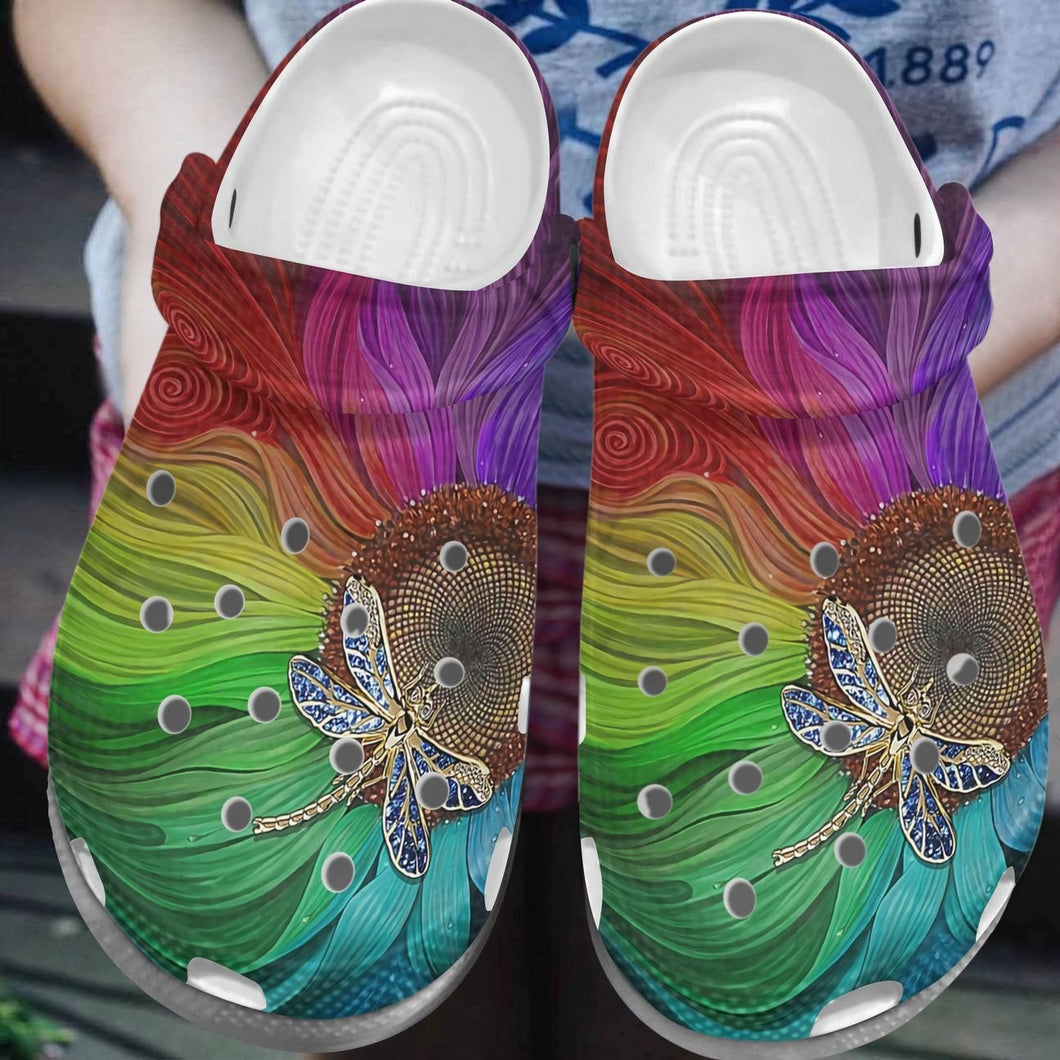 Hippie Personalized Clog, Custom Name, Text, Color, Number Fashion Style For Women, Men, Kid, Print 3D Sunflower And Dragonfly