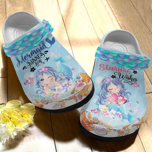 Clog Mermaid Personalized Clog, Custom Name, Text, Color, Number Fashion Style For Women, Men, Kid, Print 3D Mermaid Kisses & Starfish Wishes - Love Mine Gifts