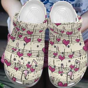 Music Personalized Clog, Custom Name, Text, Color, Number Fashion Style For Women, Men, Kid, Print 3D Colorful Music Notes With Hearts