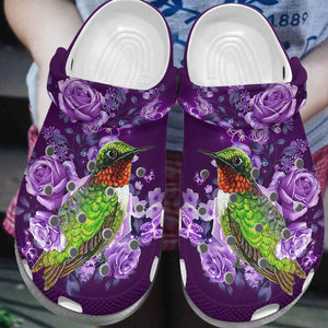 Hummingbird Personalized Clog, Custom Name, Text, Color, Number Fashion Style For Women, Men, Kid, Print 3D Purple Roses Background
