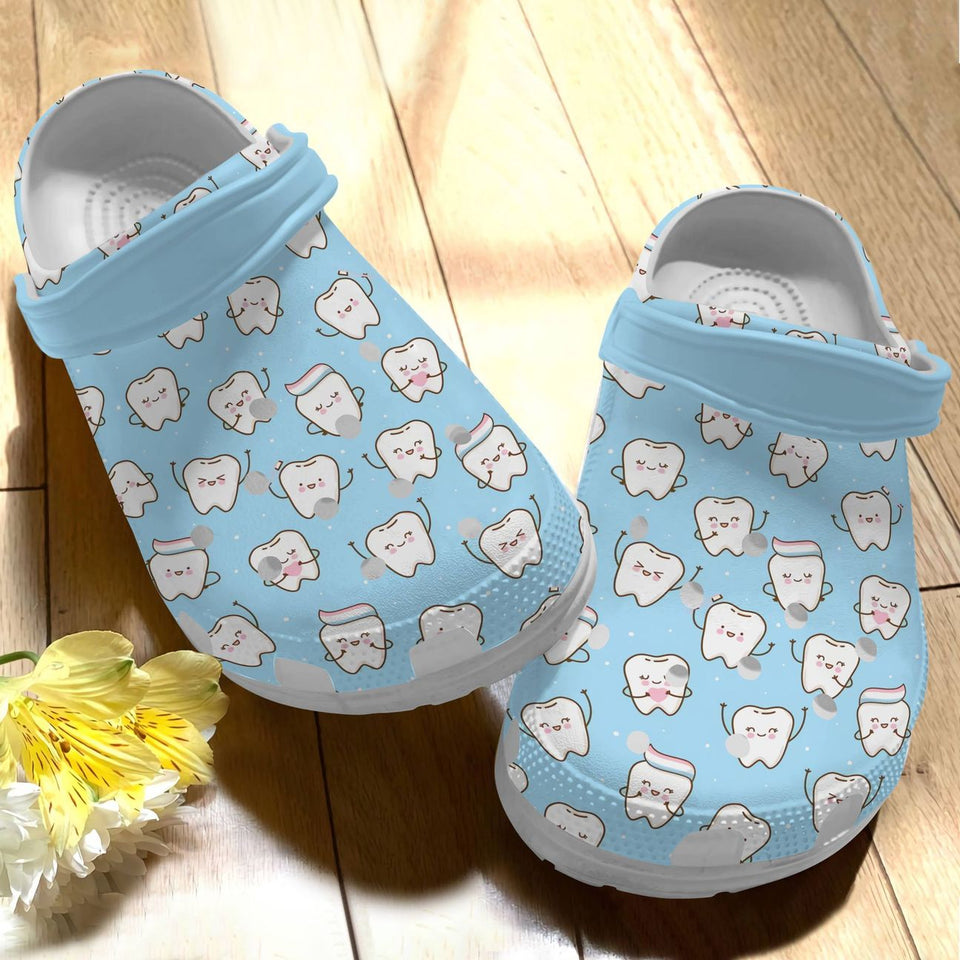 Clog Dentist Personalize Clog, Custom Name, Text, Fashion Style For Women, Men, Kid, Print 3D Cute Teeth Blue - Love Mine Gifts