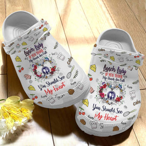 Clog Lunch Lady Personalized Clog, Custom Name, Text Lady Heart, Fashion Style For Women, Men, Kid, Print 3D - Love Mine Gifts