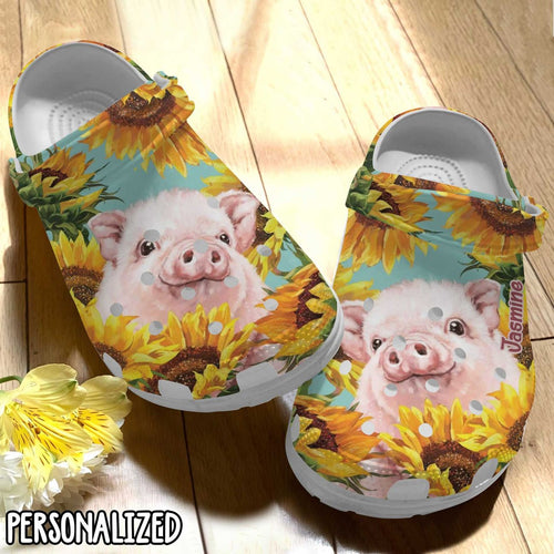Clog Pig Personalized Clog, Custom Name, Text Sunflower Pig, Fashion Style For Women, Men, Kid, Print 3D - Love Mine Gifts