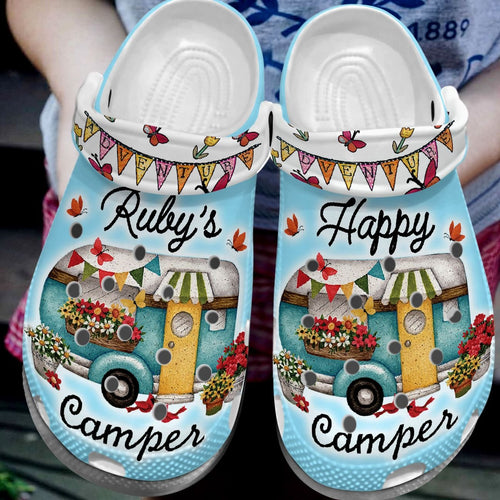 Clog Camping Personalize Clog, Custom Name, Text, Fashion Style For Women, Men, Kid, Print 3D 8 Colors Happy Camper - Love Mine Gifts