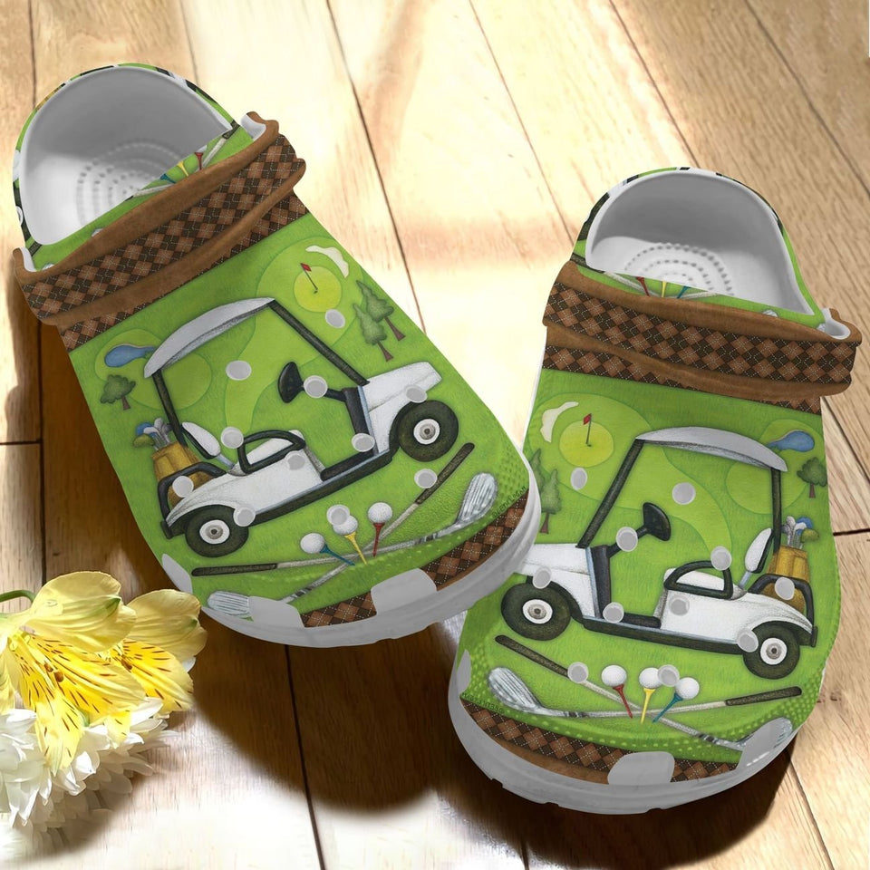 Clog Golf Personalize Clog, Custom Name, Text, Fashion Style For Women, Men, Kid, Print 3D Whitesole Golf Cart - Love Mine Gifts