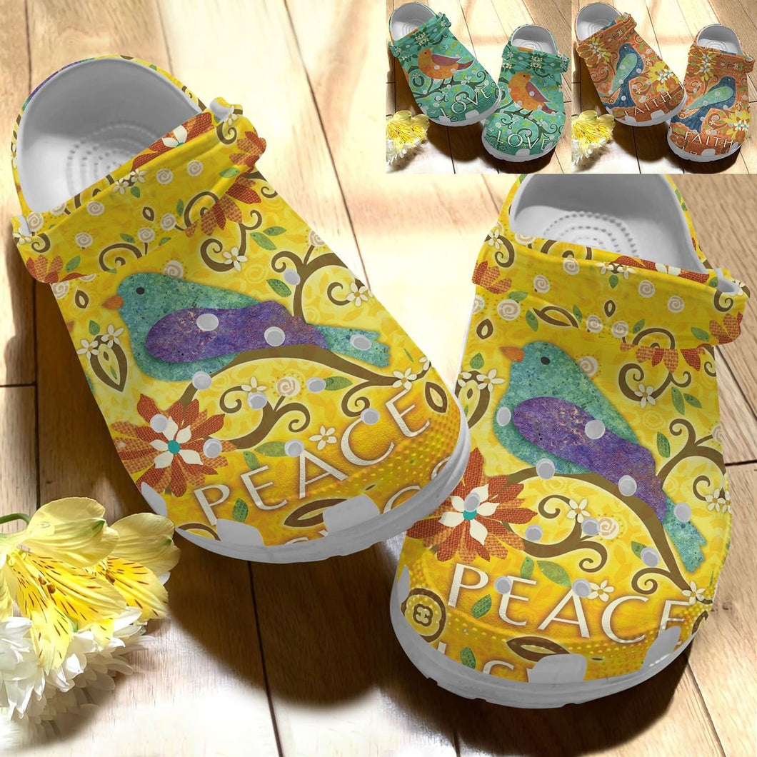 Clog Bird Personalize Clog, Custom Name, Text, Fashion Style For Women, Men, Kid, Print 3D Whitesole Peace Love Faith - Love Mine Gifts