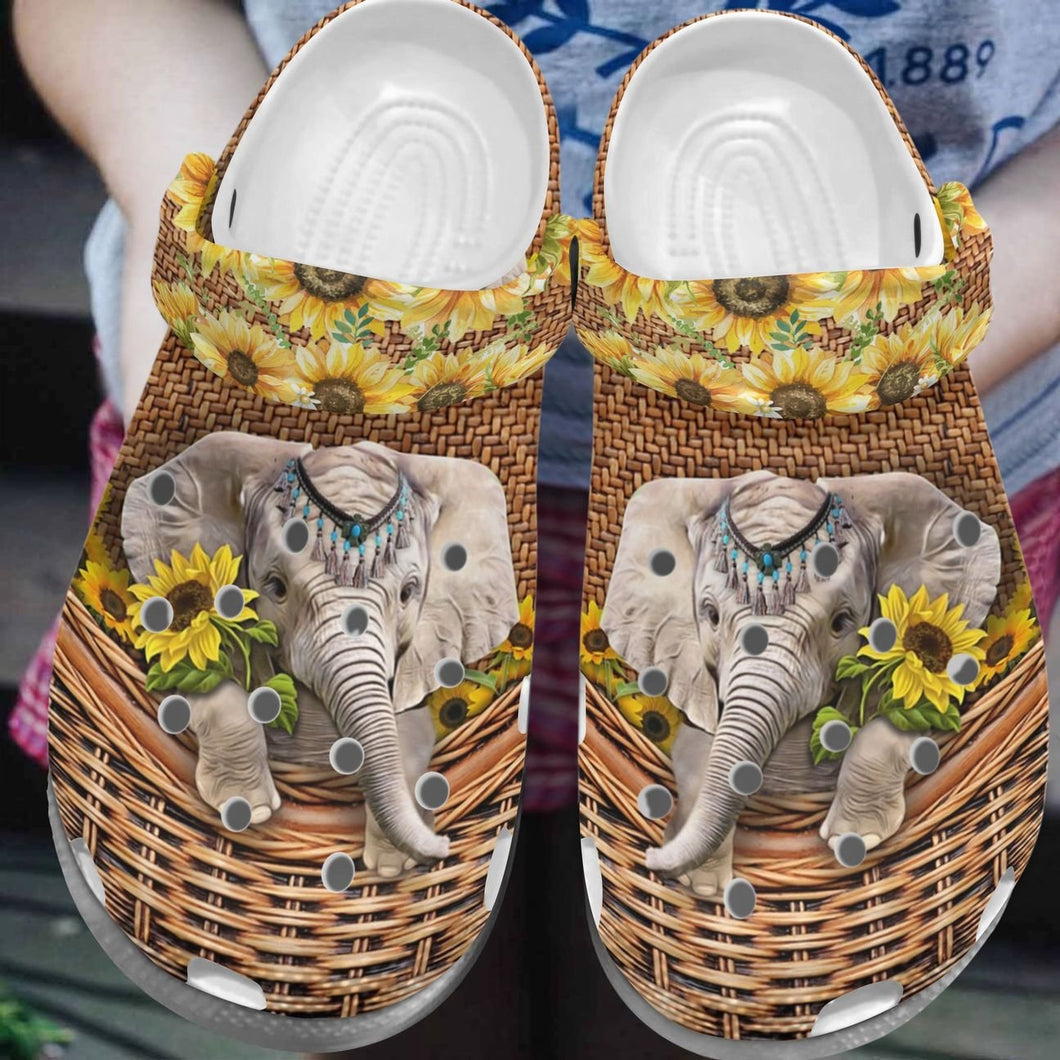 Clog Elephant Personalize Clog, Custom Name, Text, Fashion Style For Women, Men, Kid, Print 3D Whitesole Sunflower Elephant - Love Mine Gifts
