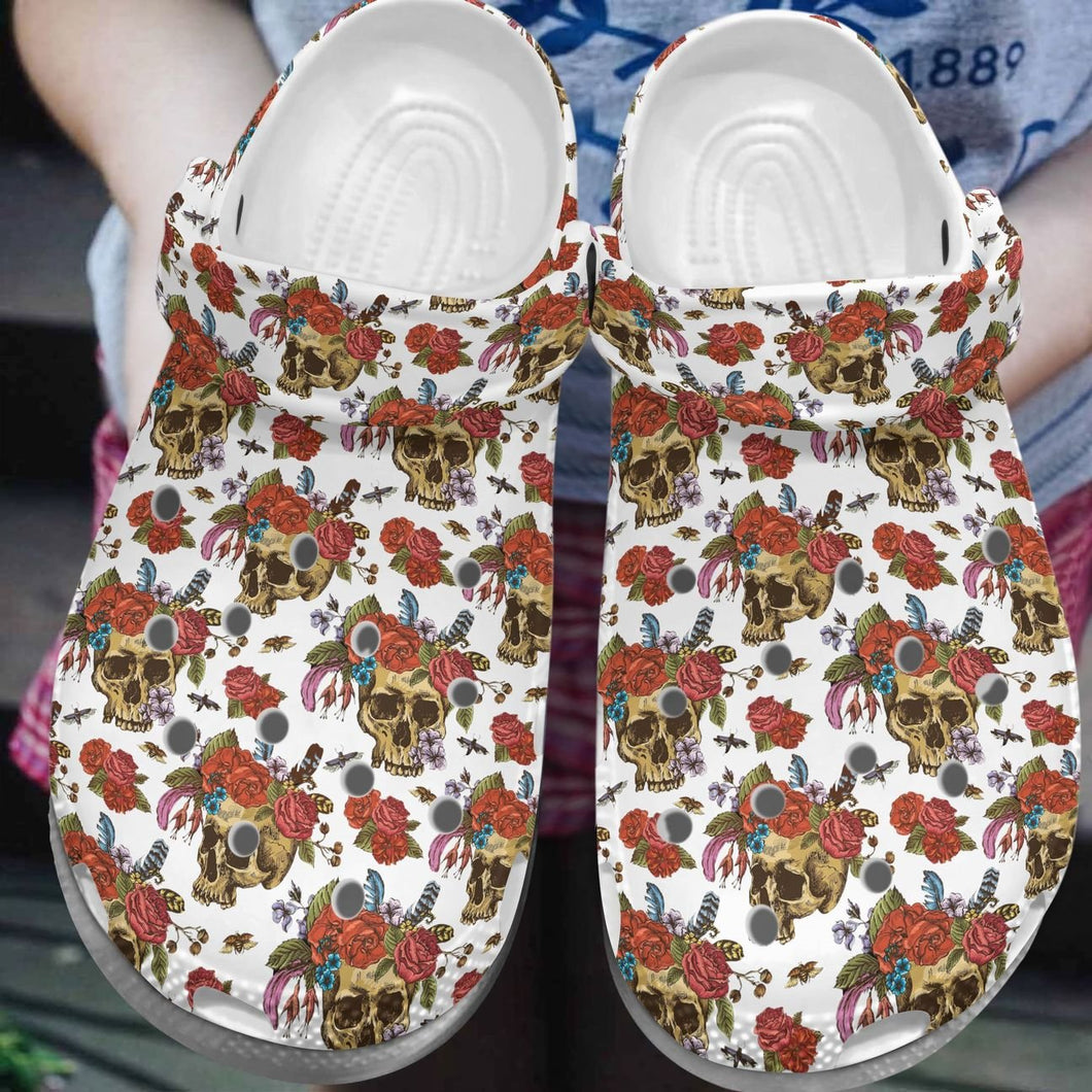 Skull Personalize Clog, Custom Name, Text, Fashion Style For Women, Men, Kid, Print 3D Skull And Flowers
