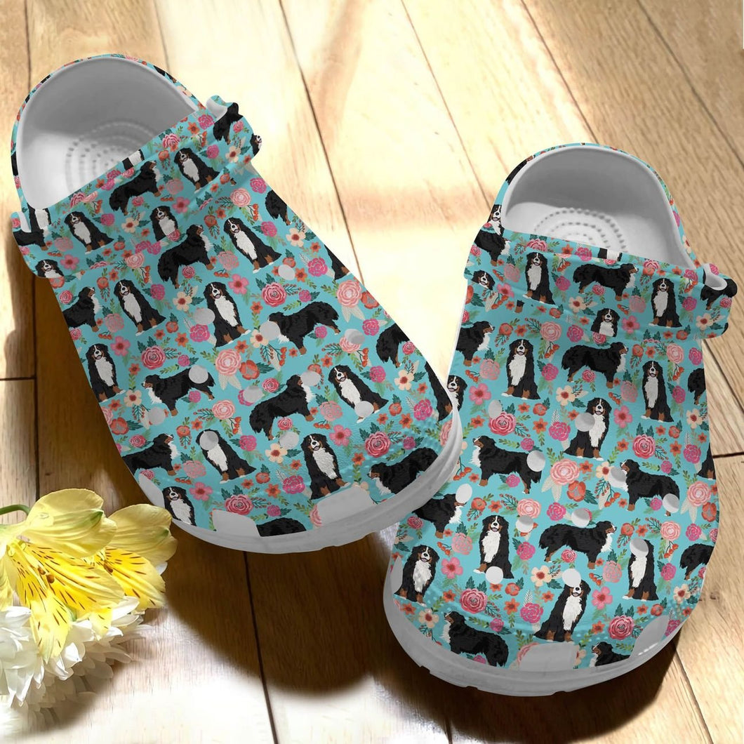 Clog Bernese Mountain Personalize Clog, Custom Name, Text, Fashion Style For Women, Men, Kid, Print 3D Floral Background - Love Mine Gifts