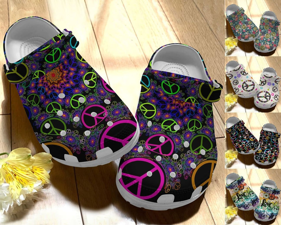 Clog Hippie Personalize Clog, Custom Name, Text, Fashion Style For Women, Men, Kid, Print 3D Love & Peace Pattern - Love Mine Gifts