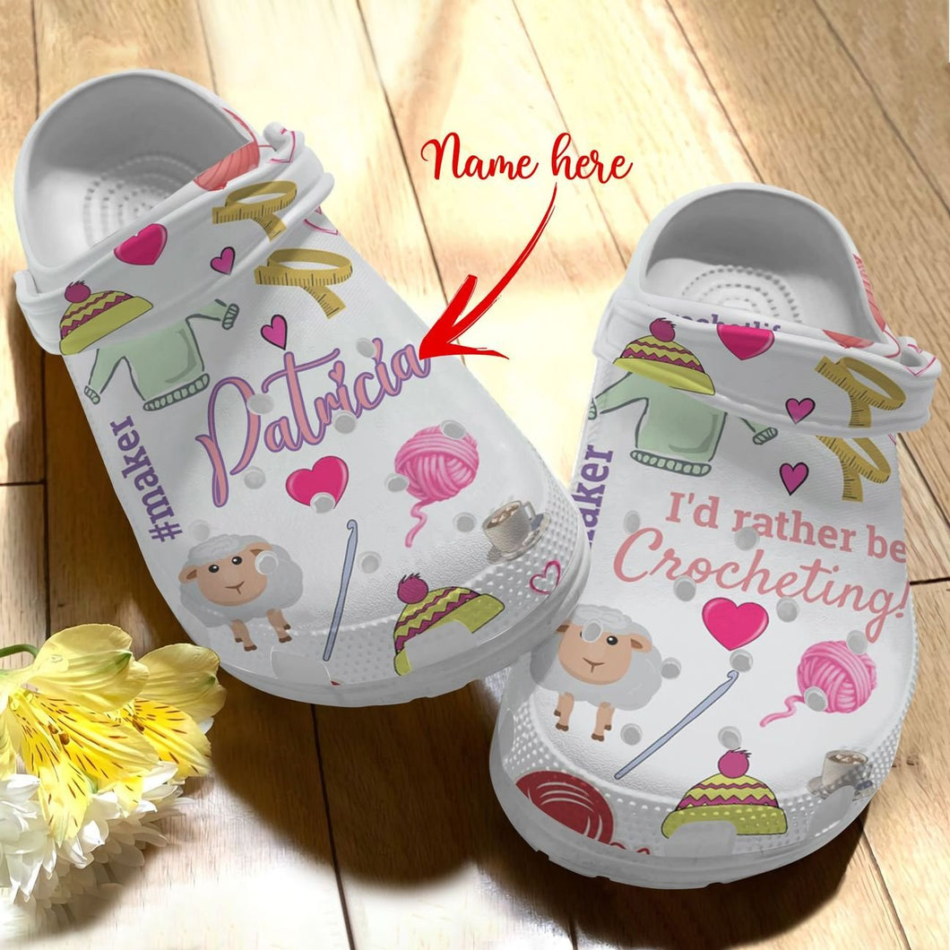 Clog Crochet Personalized Personalize Clog, Custom Name, Text, Fashion Style For Women, Men, Kid, Print 3D Whitesole I'D Rather Be Crocheting - Love Mine Gifts