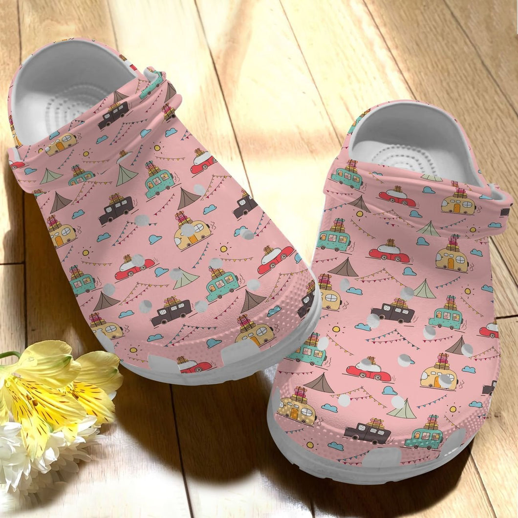 Clog Camping Personalize Clog, Custom Name, Text, Fashion Style For Women, Men, Kid, Print 3D Whitesole Camping Trip - Love Mine Gifts