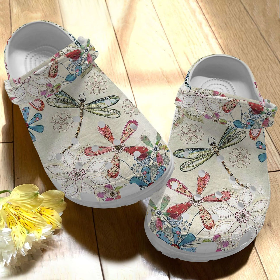 Clog Dragonfly Personalize Clog, Custom Name, Text, Fashion Style For Women, Men, Kid, Print 3D Whitesole Vintage Dragonfly - Love Mine Gifts