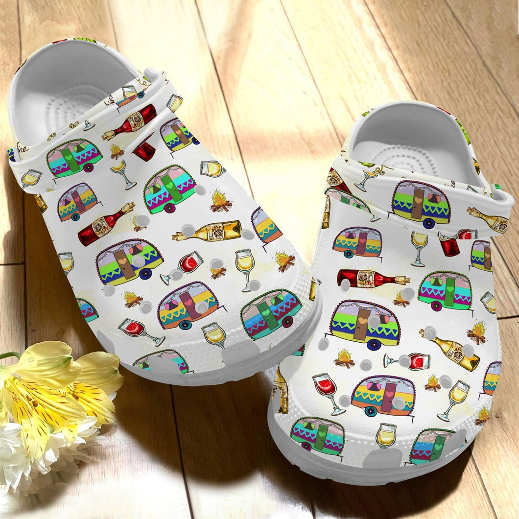 Clog Camping And Wine Personalize Clog, Custom Name, Text, Fashion Style For Women, Men, Kid, Print 3D Whitesole My Favorite - Love Mine Gifts