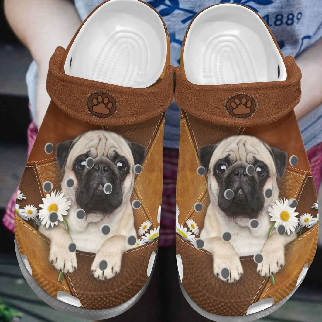 Clog Pug Personalize Clog, Custom Name, Text, Fashion Style For Women, Men, Kid, Print 3D Whitesole Daisy Pug - Love Mine Gifts