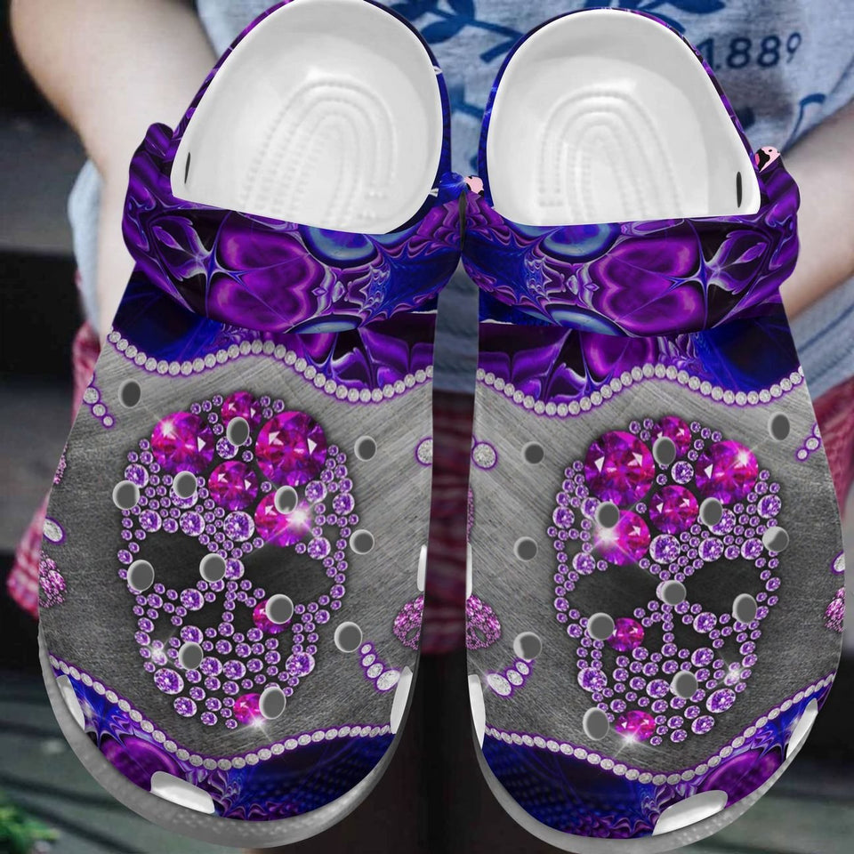 Clog Skull Personalize Clog, Custom Name, Text, Fashion Style For Women, Men, Kid, Print 3D Whitesole Purple Skull - Love Mine Gifts
