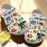 Clog Camping Personalize Clog, Custom Name, Text, Fashion Style For Women, Men, Kid, Print 3D Whitesole Camp Plus Beer Equal Happy - Love Mine Gifts