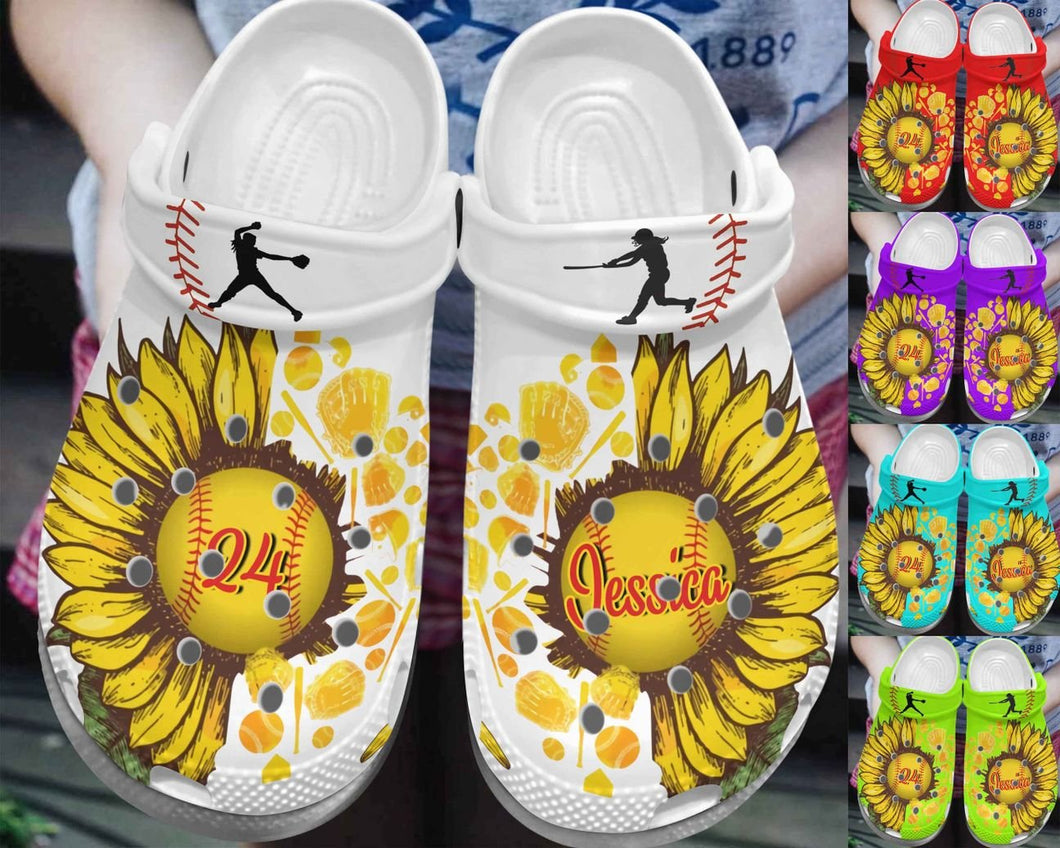 Clog Softball Personalize Clog, Custom Name, Text, Fashion Style For Women, Men, Kid, Print 3D Whitesole Sunflower Girl - Love Mine Gifts