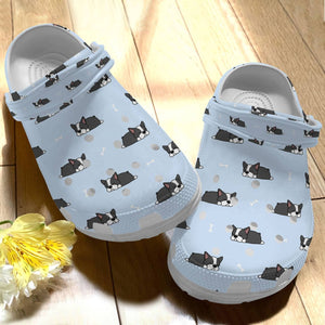 Clog Boston Terrier Personalize Clog, Custom Name, Text, Fashion Style For Women, Men, Kid, Print 3D Whitesole Blue Pattern - Love Mine Gifts