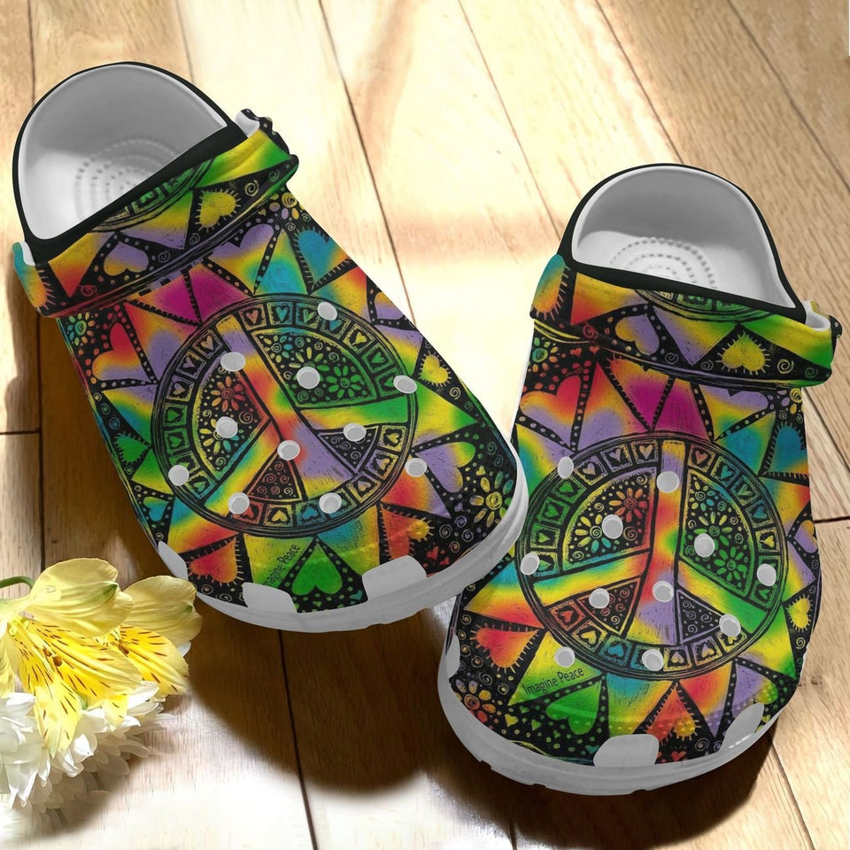 Clog Hippie Personalize Clog, Custom Name, Text, Fashion Style For Women, Men, Kid, Print 3D Whitesole Imagine Peace - Love Mine Gifts