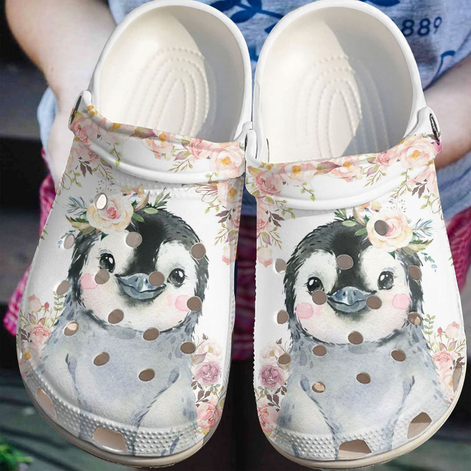 Clog Penguin Personalize Clog, Custom Name, Text, Fashion Style For Women, Men, Kid, Print 3D Whitesole Happy Steps - Love Mine Gifts