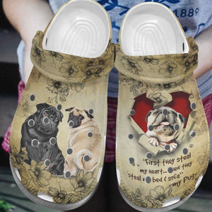 Clog Pug Personalize Clog, Custom Name, Text, Fashion Style For Women, Men, Kid, Print 3D Whitesole First They Steal - Love Mine Gifts