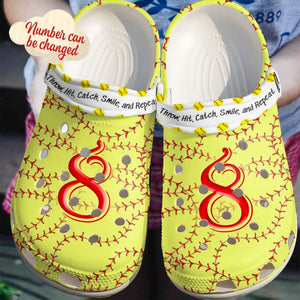 Softball Personalize Clog, Custom Name, Text, Fashion Style For Women, Men, Kid, Print 3D Whitesole Personalized Throw Hit Catch Smile