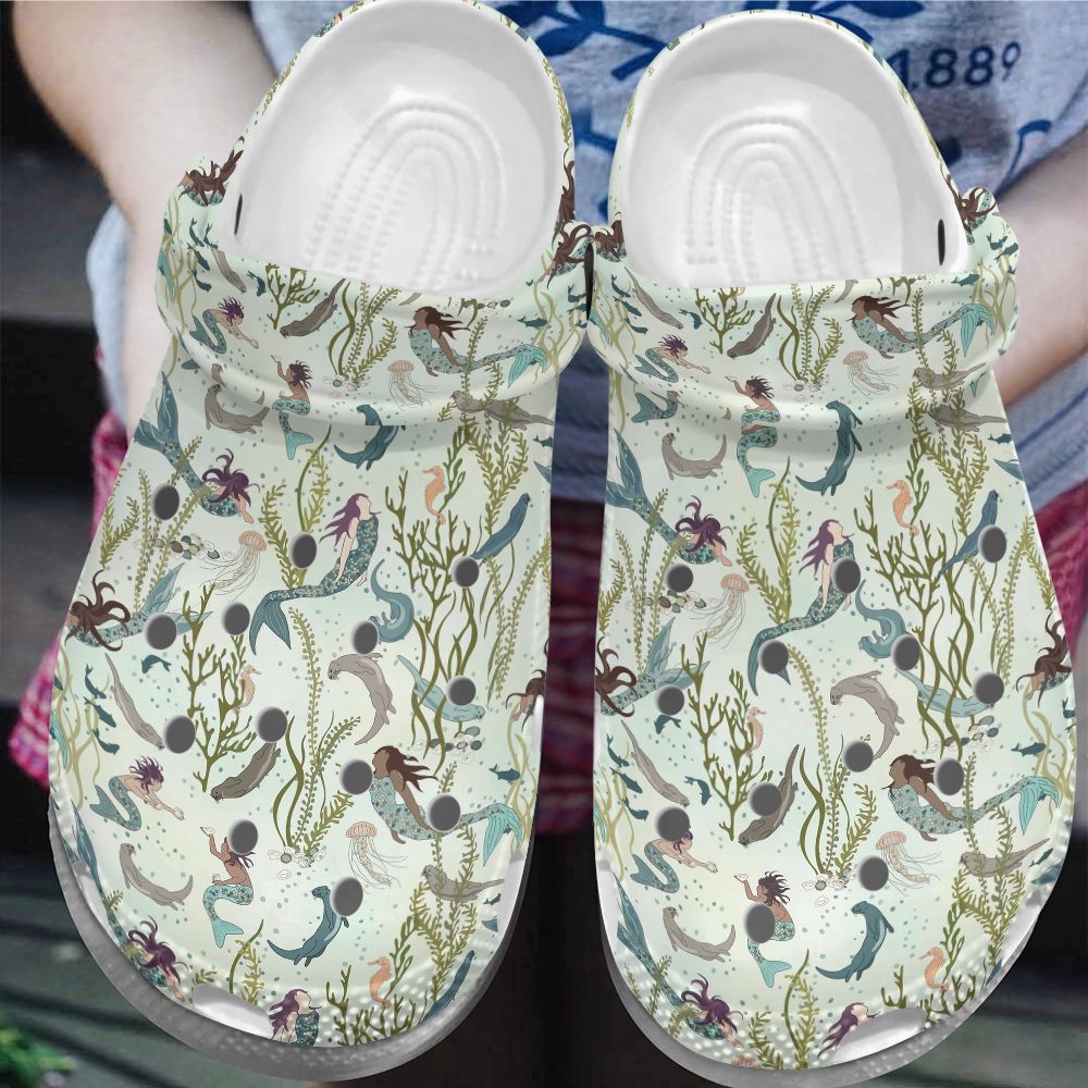 Clog Mermaid Personalize Clog, Custom Name, Text, Fashion Style For Women, Men, Kid, Print 3D Whitesole Mermaids And Otters - Love Mine Gifts