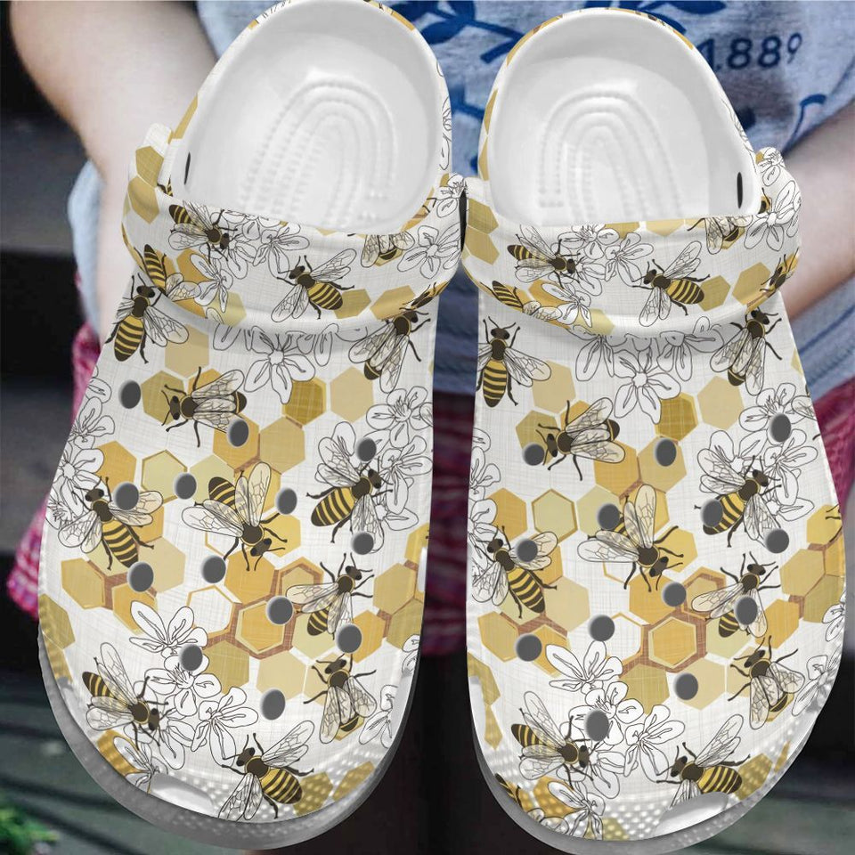 Clog Bee Personalize Clog, Custom Name, Text, Fashion Style For Women, Men, Kid, Print 3D Whitesole Save The Bee 4 Colors - Love Mine Gifts