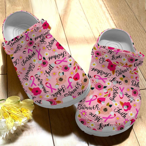 Clog Breast Cancer Personalize Clog, Custom Name, Text, Fashion Style For Women, Men, Kid, Print 3D Whitesole Breast Cancer Awareness - Love Mine Gifts