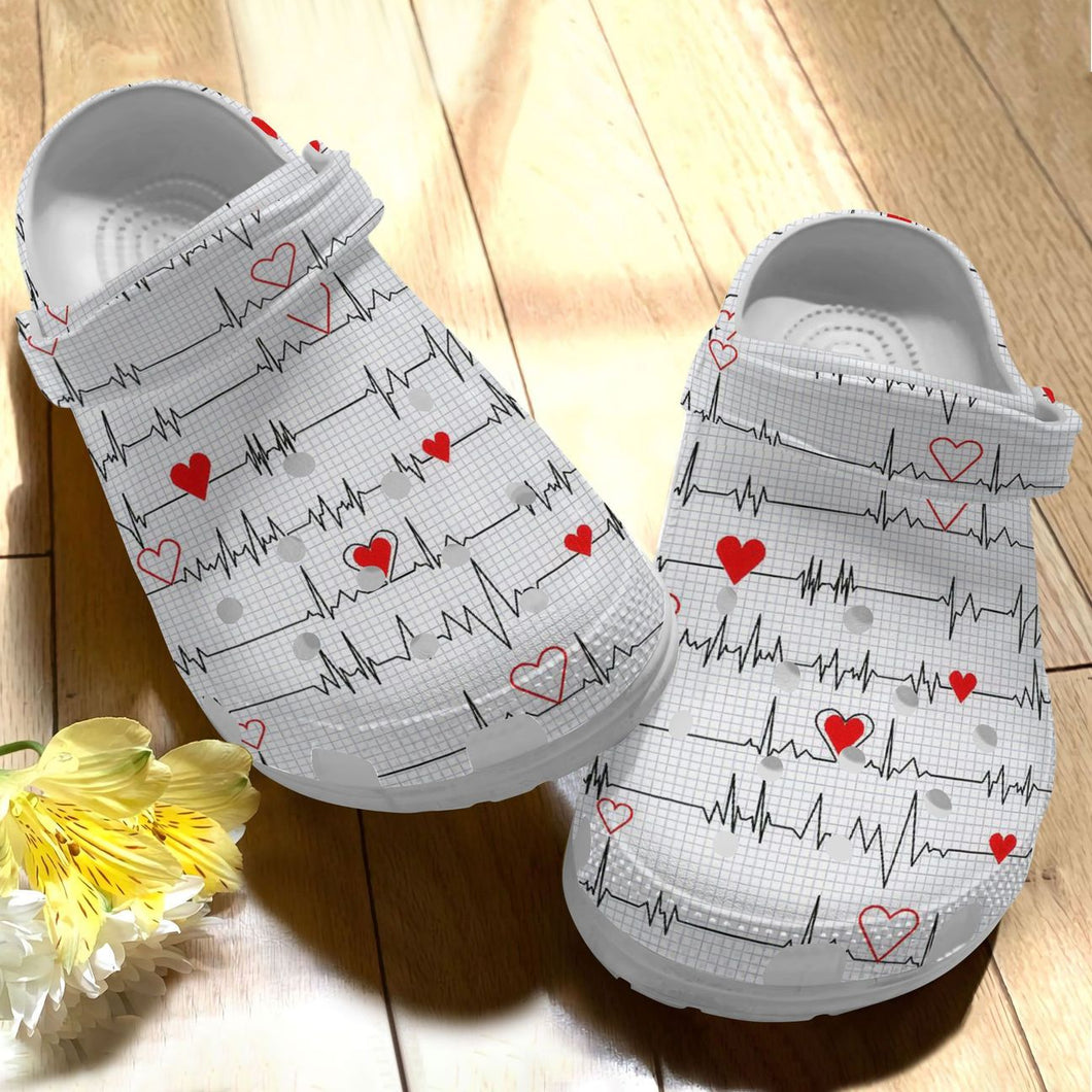 Clog Nurse Personalize Clog, Custom Name, Text, Fashion Style For Women, Men, Kid, Print 3D Whitesole Heartbeat - Love Mine Gifts