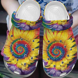 Clog Hippie Personalize Clog, Custom Name, Text, Fashion Style For Women, Men, Kid, Print 3D Whitesole Sunflower Tie Dye - Love Mine Gifts